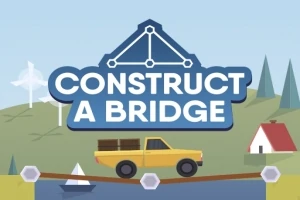 Nákladní auto na mostě s nápisem CONSTRUCT A BRIDGE v pozadí, krajina s domkem a stromy