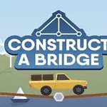 Nákladní auto na mostě s nápisem CONSTRUCT A BRIDGE v pozadí, krajina s domkem a stromy