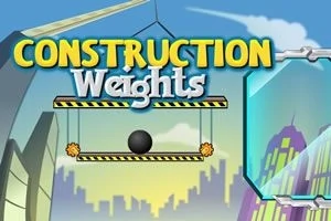 Název Construction Weights na pozadí městské scenérie s jeřábem a zavěšenou kovovou koulí