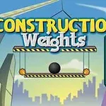 Název Construction Weights na pozadí městské scenérie s jeřábem a zavěšenou kovovou koulí