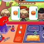 Čtyři kreslené postavy v bistru objednávající hamburgery a hranolky, viděné zpoza pultu s grilem a ingrediencemi