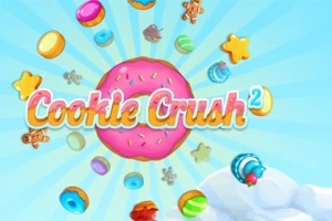 Barevné sušenky, kobliha a cukrovinky se vznášejí na modrém pozadí s nápisem Cookie Crush 2 uprostřed