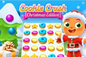 Vánoční scéna s kreslenou postavičkou v obleku Santa Clause, sladkostmi na hrací ploše a zasněženým stromkem s dárky
