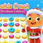 Vánoční scéna s kreslenou postavičkou v obleku Santa Clause, sladkostmi na hrací ploše a zasněženým stromkem s dárky