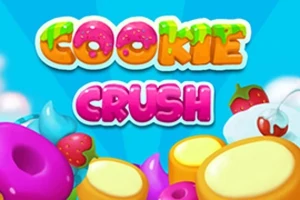 Název Cookie Crush na barevném pozadí s obrázky sladkostí a ovoce