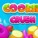 Název Cookie Crush na barevném pozadí s obrázky sladkostí a ovoce