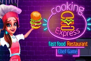 Postava šéfkuchařky držící hamburger vedle neonového nápisu cooking express na pozadí s cihlovou texturou