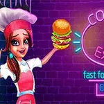 Postava šéfkuchařky držící hamburger vedle neonového nápisu cooking express na pozadí s cihlovou texturou