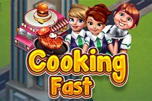 Tři usmívající se kreslené postavičky v zástěrách stojí před hamburgerovým vozem s textem Cooking Fast