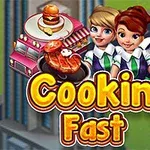 Tři usmívající se kreslené postavičky v zástěrách stojí před hamburgerovým vozem s textem Cooking Fast