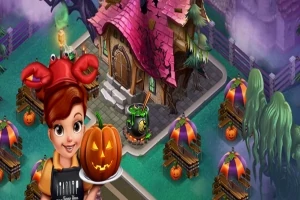 Žena s červeným kloboukem drží vyřezávanou dýni před strašidelným domem se strašidelnou halloween výzdobou