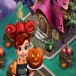 Žena s červeným kloboukem drží vyřezávanou dýni před strašidelným domem se strašidelnou halloween výzdobou