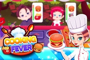 Kreslená kuchařka drží hamburger na tácku, zatímco zákazníci čekají v pozadí, s barevným logem v rohu