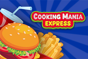 Hamburger, hranolky a kelímek s nápojem na modrém pozadí s textem Cooking Mania Express