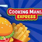 Hamburger, hranolky a kelímek s nápojem na modrém pozadí s textem Cooking Mania Express