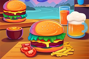 Hamburger s hranolkami, rajčaty, omáčkou a nápoji na stole s výhledem na krajinu