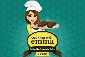 Žena s kuchařskou čepicí drží talíř s čokoládovými dortíky před nápisem cooking with emma na tyrkysovém pozadí