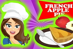 Kreslená postava s kuchařskou čepicí vedle talíře s kouskem jablečného koláče, jablky a nápisem French Apple Pie na barevném pozadí