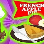 Kreslená postava s kuchařskou čepicí vedle talíře s kouskem jablečného koláče, jablky a nápisem French Apple Pie na barevném pozadí