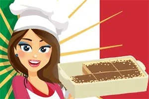 Ilustrace ženy s kuchařskou čepicí držící mísu s dezertem na pozadí italské vlajky