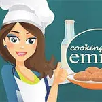 Animovaná postava kuchařky s bílou čepicí, držící palec nahoru, obklopená kuchyňskými pomůckami a ingrediencemi na vaření