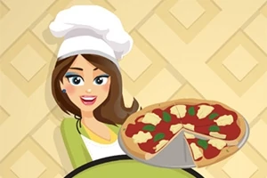 Žena s dlouhými hnědými vlasy a bílou kuchařskou čepicí drží pizzu na talíři na béžovém diamantovém pozadí