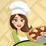 Žena s dlouhými hnědými vlasy a bílou kuchařskou čepicí drží pizzu na talíři na béžovém diamantovém pozadí