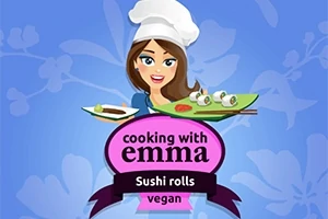 Žena v kuchařské čepici drží talíř s veganským sushi na modrém pozadí s nápisem cooking with emma