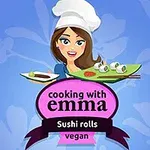 Žena v kuchařské čepici drží talíř s veganským sushi na modrém pozadí s nápisem cooking with emma