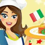 Usmívající se žena v kuchařské čepici drží talíř s lasagnemi a ozdobou z italských vlajek