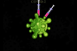 Zelený virus s dvěma injekčními stříkačkami na černém pozadí