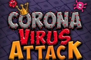 Název Coronavirus Attack s korunkou a virusovými postavičkami na tmavém pozadí