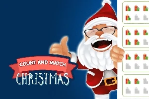 Vánoční obrázek s usměvavým Santa Clausem a textem Count and Match Christmas na modrém pozadí