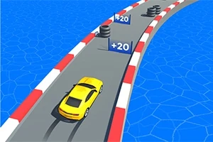 Žluté auto na závodní dráze s modrým oceánem v pozadí a značkami +20 vedle silnice