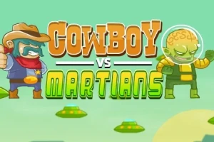 Kreslená postavička kovboje a zeleného mimozemšťana s názvem Cowboy vs Martians na pastelově zeleném pozadí