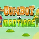 Kreslená postavička kovboje a zeleného mimozemšťana s názvem Cowboy vs Martians na pastelově zeleném pozadí