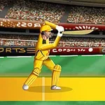 Ilustrace kriketového hráče v žluté uniformě, který odpalovává míček na hřišti se zaplněnými tribunami v pozadí