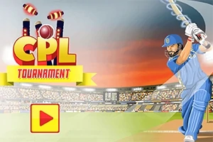 Ilustrace kriketového hráče v modré uniformě máchajícího pálkou na stadionu s nápisem CPL Tournament a tlačítkem ve tvaru trojúhelníku