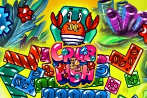Barevný obrázek s kresleným krabem, mořskými prvky a názvem Crab & Fish na pozadí
