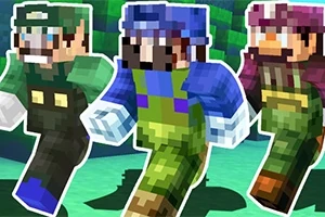 Tři kostkovaní postavy v barevných kombinézách běží v pixelovaném 3D prostředí