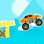 Žluté monster taxi na velkých kolech před modrou pyramidou a palmami s nápisem Crayz Monster Taxi