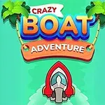 Barevný nápis Crazy Boat Adventure s obrázkem člunu na vodě obklopeném palmami
