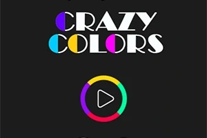 Nápis CRAZY COLORS s barevnými kruhy a tlačítkem přehrávání uprostřed na černém pozadí