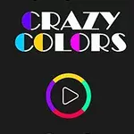 Nápis CRAZY COLORS s barevnými kruhy a tlačítkem přehrávání uprostřed na černém pozadí