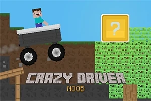 Pixelová postava řídící vozidlo na svažitém terénu s nápisem Crazy Driver a otazníkovým blokem na modrém pozadí