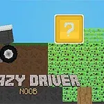 Pixelová postava řídící vozidlo na svažitém terénu s nápisem Crazy Driver a otazníkovým blokem na modrém pozadí