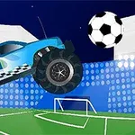 Modré monster truck auto skáče ve vzduchu směrem k velkému fotbalovému míči na stadionu s fotbalovou brankou
