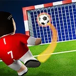 Kreslený fotbalista v červeném dresu s číslem 7 kope míč směrem k brance