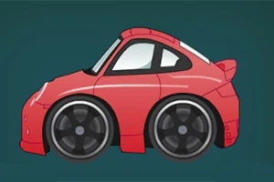 Červené kreslené auto s velkými koly na tmavě modrém pozadí