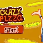 Usmívající se kuchař v čepici mává rukama vedle nápisu Crazy Pizza a tlačítka Start na pozadí s plovoucími pizzami
